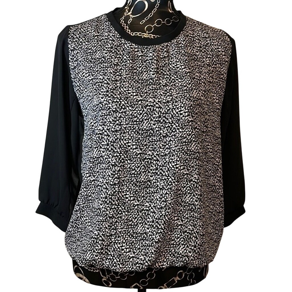 Express Womens Mixed Media Pebble Print Sheer Back‎ Blouse Black Grey Medium